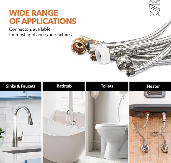 Universal Dishwasher Installation Kit, 3/8" Compression, 6ft long Braided Stainless Steel Hose + 3/4" Hose Bibb Elbow + 3/8" Compression Elbow & Compression Adaptor + 1/2" Compression Adaptor