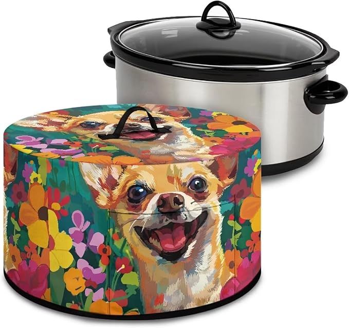 Chihuahua Dog Floral Oil Paint Print Slow Cooker Cover Fits 6/7/8 Quart Large Crock Pot Practical Electric Pressure Cooker Cover Keep Kitchen Clean and Easy to Use, 16 x 14 x 9.6 inch