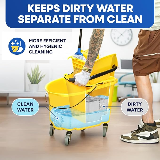 35-Quart Yellow Side-Press Mop Bucket and Wringer Combo on Wheels with Dirty Water Bucket for Commercial Use Perfect for Professional Industrial Business Household