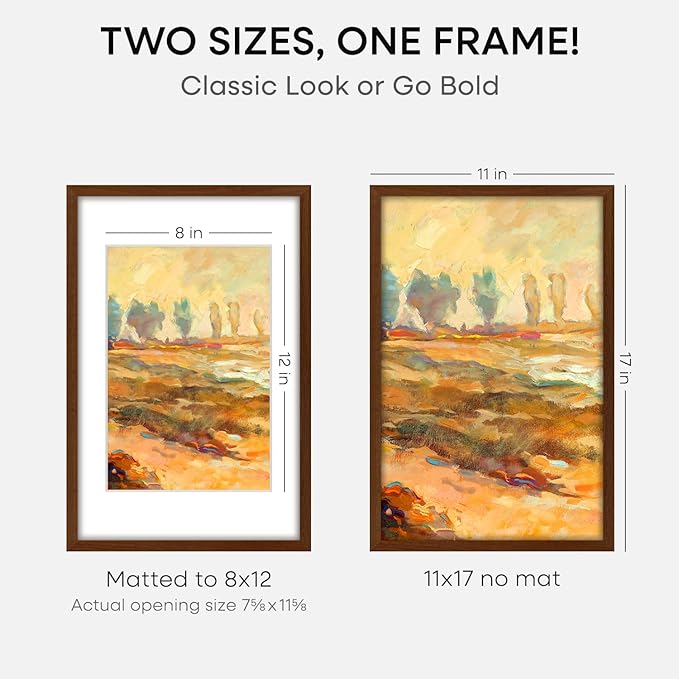 Homeforia 11x17 Brown Picture Frame, High End Dark Oak 11x17 Poster Wood Frame with Mat 8x12 Print, 11 x 17 Wooden Walnut Frame Matted to 8 x 12 Photo, 17x11 Frames, Tempered Glass, Wall Kit, Set of 2
