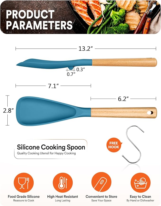Cooking Spoon for Nonstick Cookwares, Great for Cooking and Serving Sturdy BPA-Free Matte Silicone, Wood Handle Spoon for Mixing, Scoop, and Scrape (TURQ, 13.4 inch)