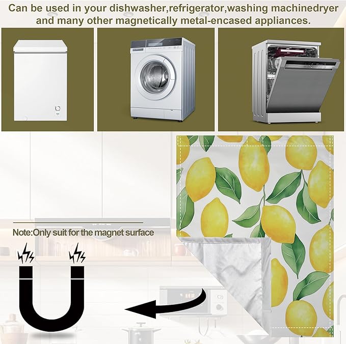 Magnetic Dishwasher Cover,Lemon Reusable Dishwasher Magnetic Cover Green Leaves Decorative Door Covers Panel for Home Kitcen 23" x 26"