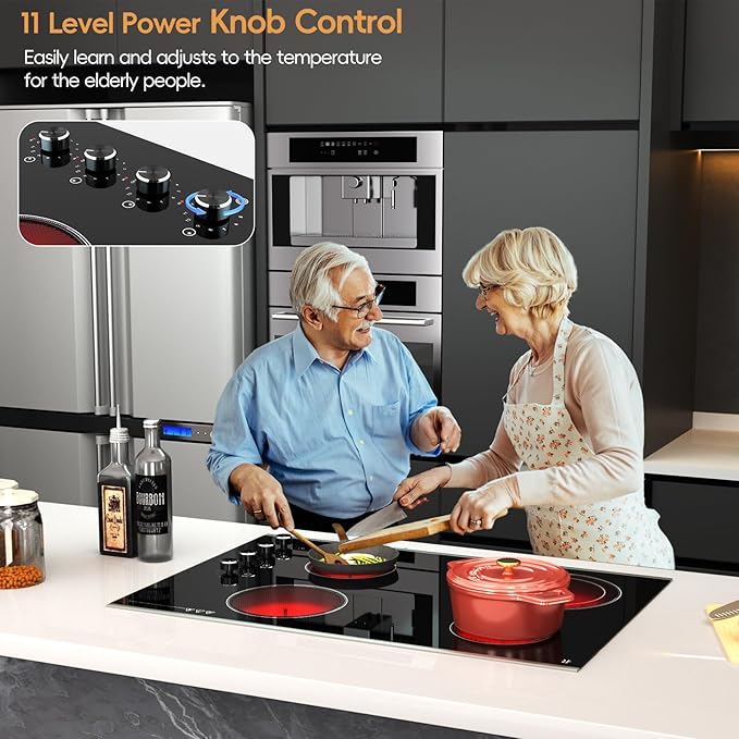 Electric Cooktop 30 inch 4 Burner, 6700W Built-in Radiant Electric Stove Top with Knob Control, Electric Ceramic Stove Cooktop with 11 Level Power Adjustable, 220-240V, Hard Wire