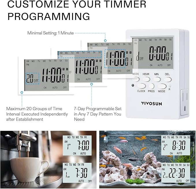 VIVOSUN 7 Day Programmable Digital Timer with Dual Outlet, 20 On/Off UL Listed Heavy Duty Plug-in Outlet Timer with Countdown Setting, Indoor for Lamp, Fan, Heater, Humidifiers, Aquarium (2 Pack)