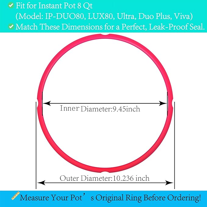 Silicone Sealing Ring 3-Pack for 8Qt Pressure Cookers - Dishwasher Safe Food-Grade Replacement Gasket Compatible with Instant Pot 8Qt Models: IP-DUO80, IP-LUX80, Ultra, Duo Plus, Viva.