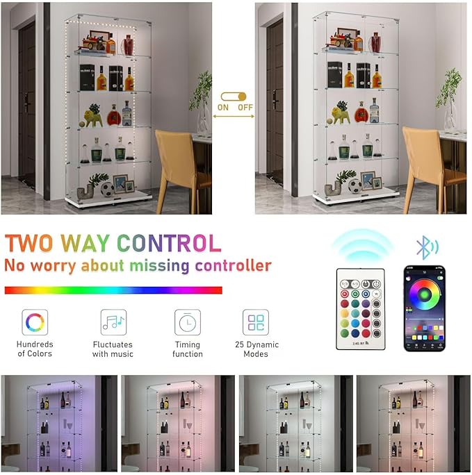 Yoluckea 5 Tiers Glass Display Cabinet with Bluetooth LED Light Strip, 2 Doors Floor Standing Curio Cabinet with Universal Wheel for Home Office Display,White Glass Bookshelf for Collections,Clear Top