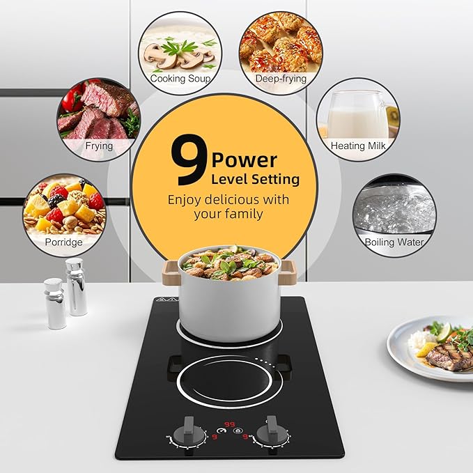 VBGK Double Induction Cooktop,110V 2300W 2 burner induction cooktop,2 burner Hot Plate Electric burner with LCD Touch Screen 9 Levels Settings Child Safety Lock & Timer