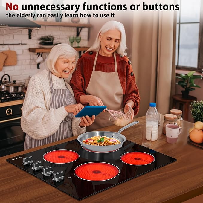 Noxton 24 Inch Electric Cooktop 4 Burners Electric Stove Top, Built-in 24" Radiant Ceramic Cooktop with Knob Control, Hot Surface Indicator, 220-240v,6000W, No Plug, Hard Wire
