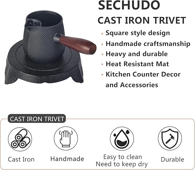 Cast Iron Trivet for Tea Kettle or Teapot, Kitchen Counter Decor and Accessories Heat Resistant Holder for Dishs, Pots or Pans, Holder Pads for Tea Table and Countertop (Dark Coffee, 6.9", Round)