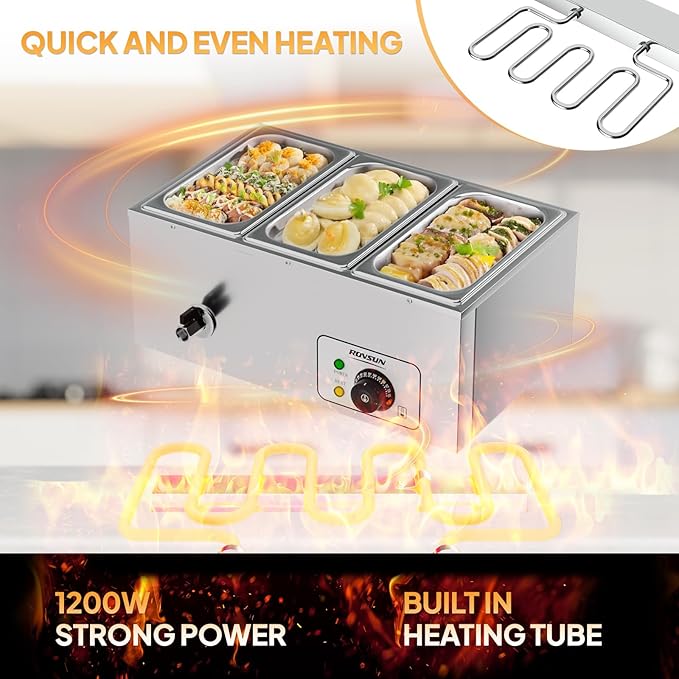 ROVSUN 21QT Electric Commercial Food Warmer, 3-Pan Steam Table 6.9 QT/Pan Stainless Steel Bain Marie Buffet Countertop with Temperature Control & Lid for Parties, Catering, Restaurants 110V