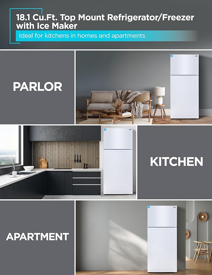 BLACK+DECKER 18.1 Cu. Ft. Top Mount Refrigerator with Ice Maker, 2-Door Refrigerator with Top Freezer, Freezer with Icemaker and Adjustable Temperature Control, ENERGY STAR, BR1810HIMW, White