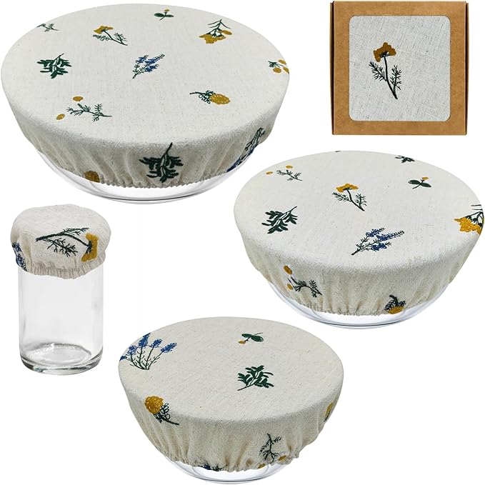 Reusable Bowl Covers (Set of 4) - Breathable Cotton Linen Sourdough Accessories - Elastic Durable Fabric Food Lids for Proofing Baskets & Bread Baking Supplies (Natural Beige)