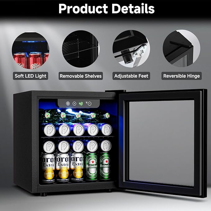 50 Can Beverage Refrigerator Cooler - 1.3 Cu.Ft Mini Fridge with Glass Door, Soda Beer Drink Wine Fridge, Countertop Small Refrigerator for Bedroom Office Home Dorm Bar, Black