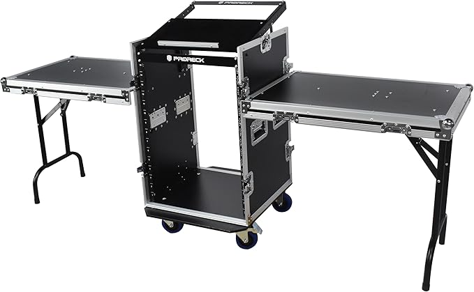 PRORECK 16U Rack/Road Case With Slant Mixer Top, Two Side table And Casters, 20'' Rackable Depth, Plywood, 16U Installation Size, Pro Stage Performance.