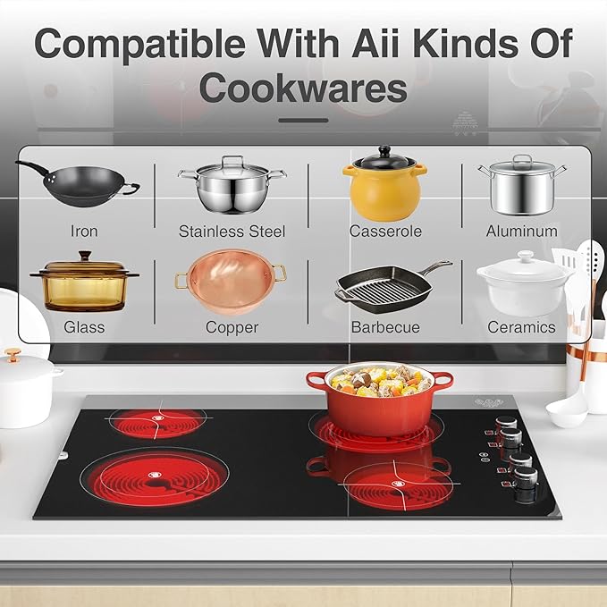 4 Burner Electric Cooktop,7200W Built-in & Countertop 4 Burner Electric Stove Top with 9 Power Levels, Child Safety Lock & 99mins Timer, 30 inch Electric Cooktop 220-240V (No Plug)