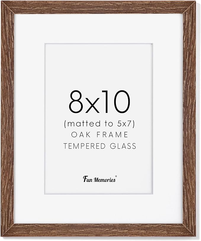 Fun Memories 8x10 Wood Picture Frame, Solid Oak Wood Frame 10x8 for Wall & Tabletop Display, 5x7 Picture Frame with Mat 8x10, 8 x 10 Photo Frame Wood with Tempered Glass, Walnut Color, 1 Pack