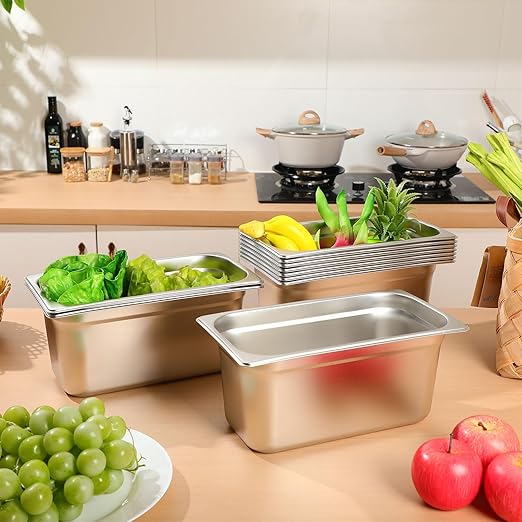 10 Pack Hotel Pans Stainless Steel Steam Table Pan 1/3 Size, 0.8 mm Thick Anti Jam Warming Pans for Food Warmer Restaurant Catering Supplies, 12.8 x 6.9 Inch(6 Inch Deep,European)