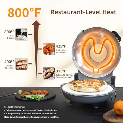 12" Electric Pizza Oven - Countertop Pizza Maker with Ceramic Stone, Heats up to 800°F, Portable Indoor Pizza Oven for Homemade Pizzas, Grey
