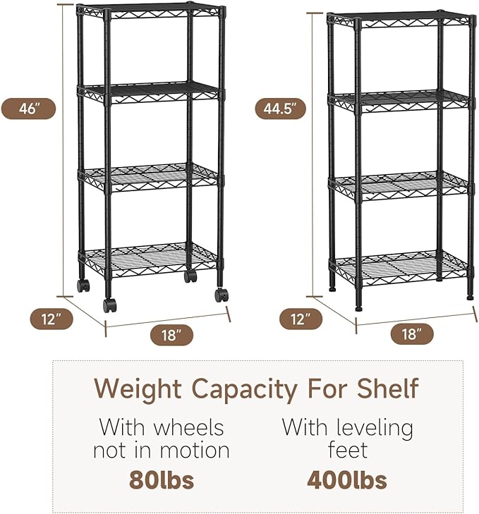 4 Tier Adjustable Storage Shelves Metal Utility Shelf Wire Shelving Unit Organizer Rack for Home Kitchen Office Bathroom Pantry Room 12" D x 18" W x 44.5" H
