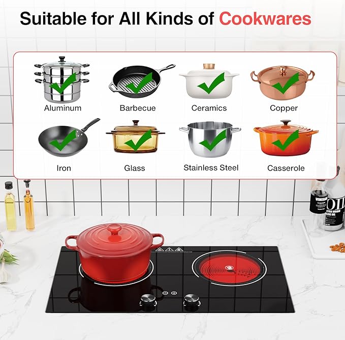 2400W Electric Cooktop: 24" Electric Stove 2 Burner Hot Plate Double Burner Cooktop, GTKZW Knob Control Countertop & Built-in, 9 Power Levels, Child Lock, Timer, Suitable for all Pans