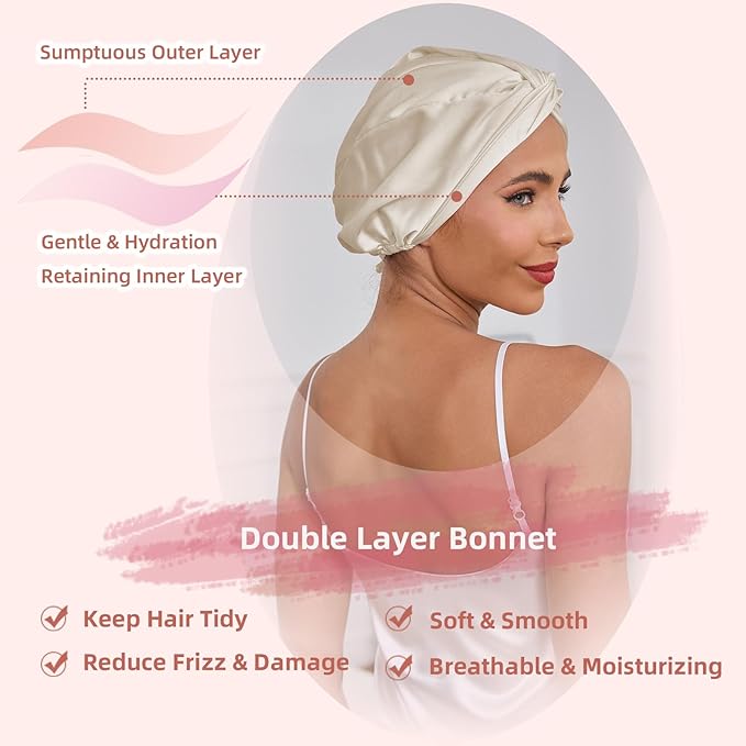 Adjustable Silk Satin Hair Bonnet for Sleeping Women, Double Layer, Silk Hair Wrap for Sleeping Women Men, Curly Natural Braid Straight Unisex - Champagne