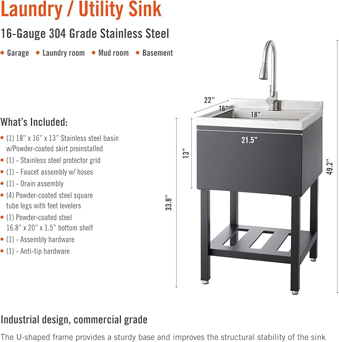 TRINITY Stainless Steel Freestanding Single Bowl Utility Sink for Garage, Laundry Room, and Commercial Use, Includes Pull-Out Faucet, NSF, UPC and cUPC Certified, 21.5" x 22" x 49.2", Black