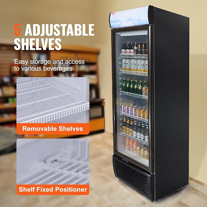 VEVOR Commercial Merchandiser Refrigerator, 14.8 Cu.Ft / 420L Beverage Refrigerator Cooler Merchandiser, Glass Door Display Refrigerator Upright Fridge with 5 Adjustable Shelves, Customizable Lightbox