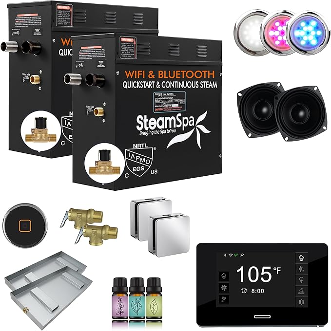 SteamSpa Steam System 18kW Steam Shower Generator with Bluetooth Wifi, Quickstart Continous Steam, Advanced Touch Pad Screen, Chroma Lights, Drain Pan and Auto Drain Chrome RVBS1800CH-A