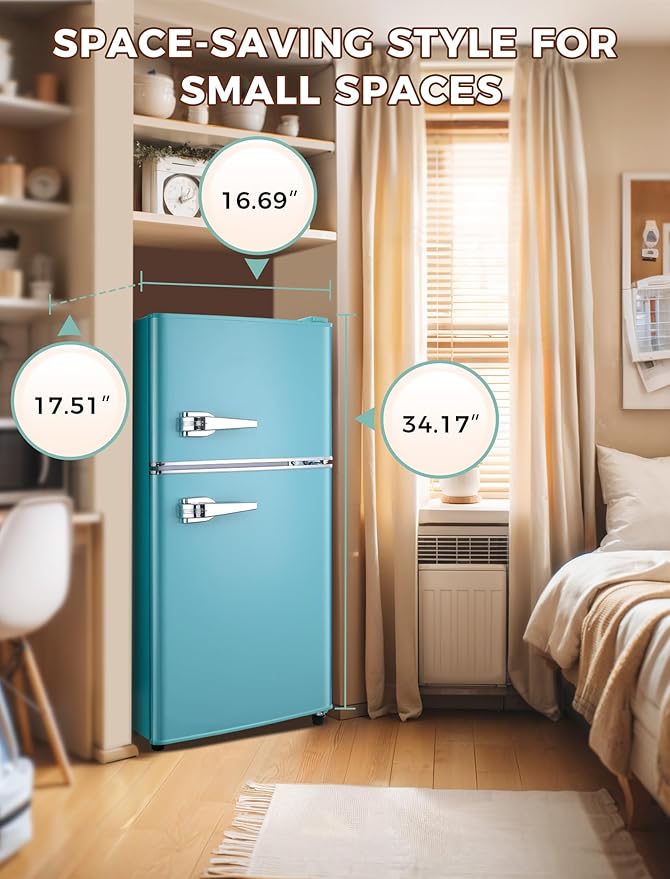 3.2 Cu.Ft Fridge with Freezer with 2 Doors, Refrigerator with 7 Level Temperatures, LED Light, Adjustable Shelves, Food Storage Cooling Drink for Bedroom, Office, Dorm, Apartment, Blue