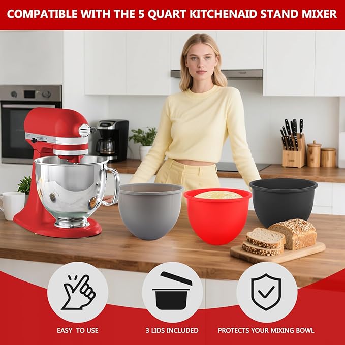 Silicone Bowl Liner for KitchenAid Tilt-Head 5QT Mixers - 3 Liners & 3 Lids Included, Leak-Proof Sealing Design, Easy-to-Replace Food-Grade Silicone Bowls (Not for Bowl-Lift Models)