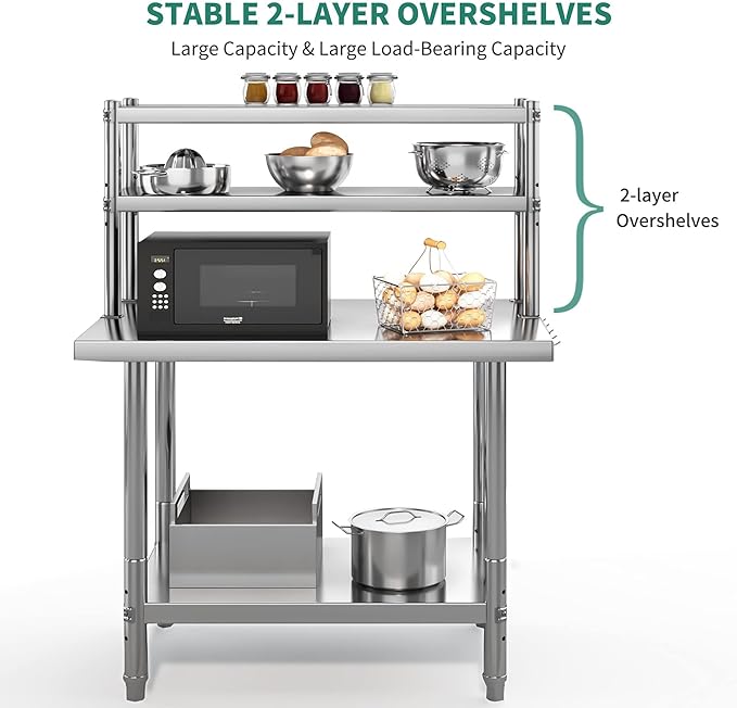 YITAHOME NSF Stainless Steel Work Table With Overshelves, 30" X 24" With 30" X 12" Shelf, Metal Prep Table for Home Kitchen Restaurant Garage Warehouse