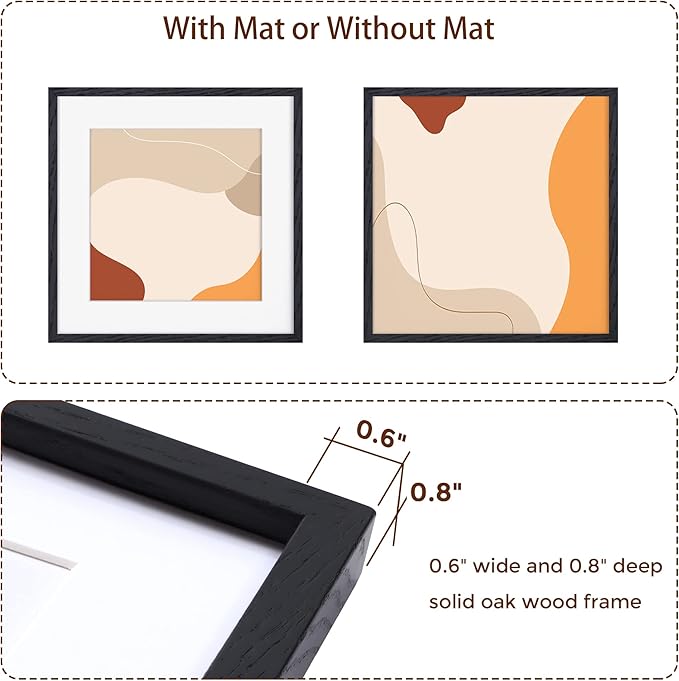 Fun Memories 16"x16" Picture Frame in Black, Solid Oak Wood Frame 16x16, 16x16 Frame Matted to 12x12, Square Photo Frame 16x16 Inch - Tempered Glass (Black, 1 Pack)