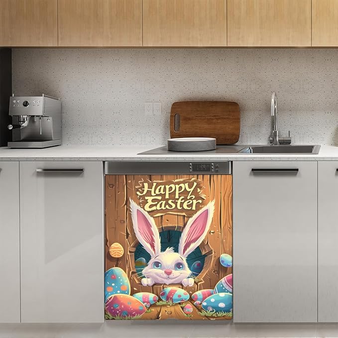 Cute Easter Bunny Egg Wood Cave Dishwasher Magnet Cover, Reusable Refrigerator Panel Stickers Microwave Front Door Covers Magnets for Kitchen Home Appliances Holiday Party Decorations 23 X 26 in