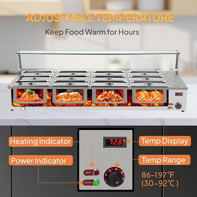 ROVSUN 96QT 1500W Electric Commercial Food Warmer, 12-Pan Steam Table 8QT/Pan Stainless Steel Bain Marie Countertop w/Glass Shield Temperature Control & Lid for Buffet Restaurant 110V