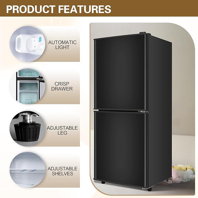 Small Refrigerator with Freezer for RV 4.2 Cu. Ft. Mini Fridge with Bottom Freezer, 7-Level Temperature Control Dorm Fridge for Kitchen, Office, Apartment, Black