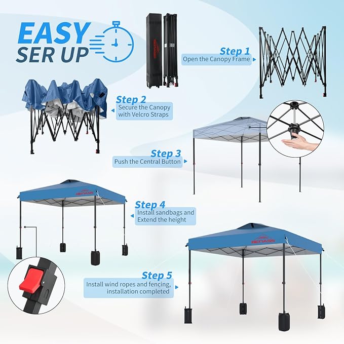 10x10 Pop Up Canopy, Easy Up Canopy Tent, Heavy Duty Tents for Parties, One Person Set Up Event Tent, Light Blue