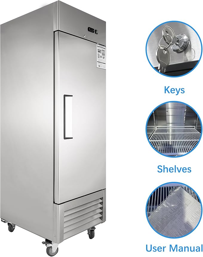 JINSONG 27" Commercial Freezer with Single Solid Door, 23 cu.ft Stainless Steel Reach-in Freezer for Restaurant, Bar, Shop, Residential, with 4 Shelves and 4 wheels