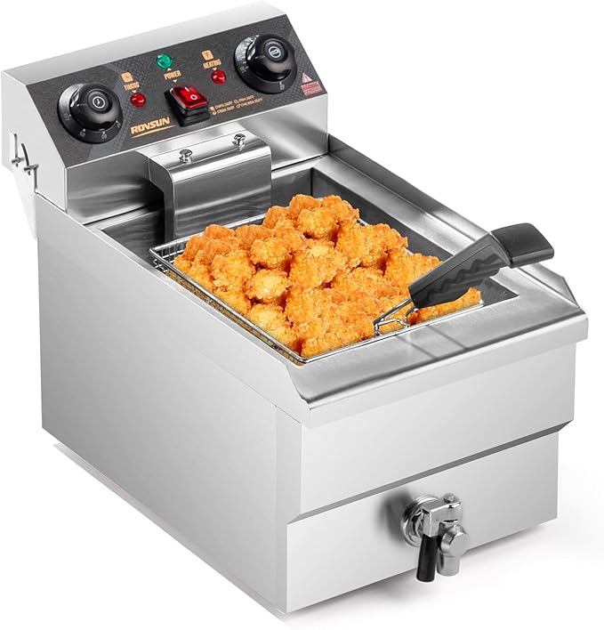 ROVSUN 12.5QT/11.8L Electric Deep Fryer w/Frying Basket, Timer, Drain, & Lid, Commercial Countertop Single Tank Frying Machine, Adjustable Temperature, for French Fries Donuts Onion Rings, 1700W 110V