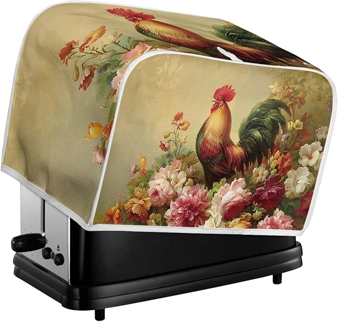 UNICEU Rooster Floral Print Toaster Cover 2 Slice Small Kitchen Appliance Covers Bread Machine Protection with Top Hook