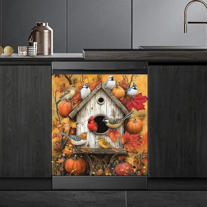 Farmhouse Fall Harvest Birdhouse Dishwasher Magnet Cover,Pastoral Pumpkins Magnetic Dishwasher Cover Vinyl Sticker,Fridge Door Cover Magnets Art Skin Panel Decal,Home Decor Decal,23"X26"