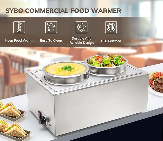 SYBO Commercial Grade Stainless Steel Bain Marie Buffet Food Warmer Steam Table for Catering and Restaurants (2 Round Pots)