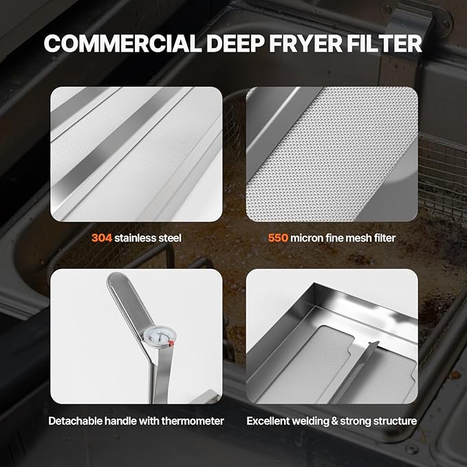 Commercial TK45 Deep Fryer Filter, 13.5" x 13.5" 304 Stainless Steel Filter Screen with Thermometer, Extend Oil Life by 40%, 550 Micron Skimmer Fryer Strainer for Kitchens & Restaurants