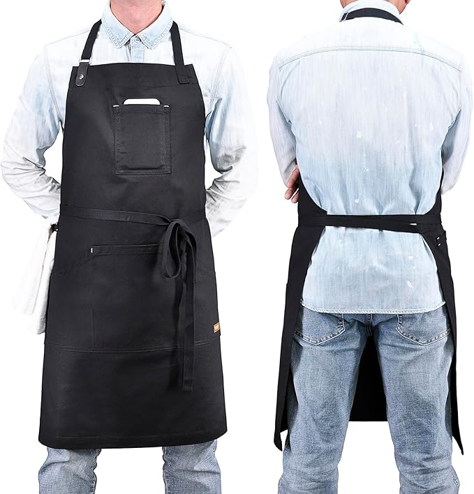 Apron with Pockets, Mens Womens Chef Bib Apron for Kitchen Cooking Grill BBQ Baking Server with Towel Loop