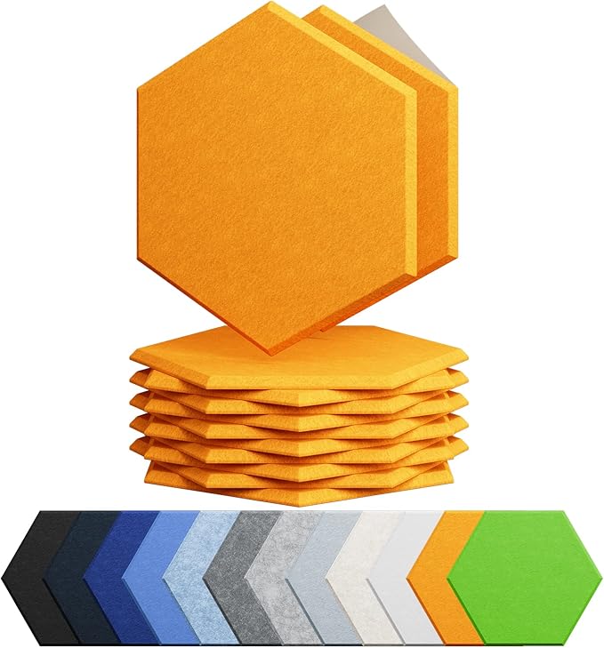 12 Pack Acoustic Panels Self Adhesive Sound Proof Foam, High Density Sound Acoustic Foam Panel, 12X10.23X0.4 Inch Hexagon Wall Panels in Home, Office, Reccording Room, Studio(Orange)