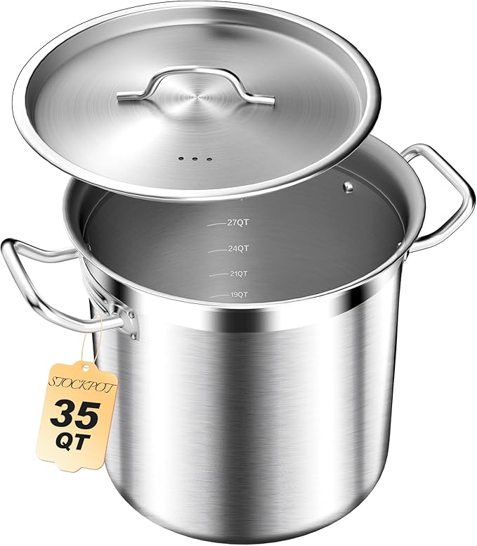Commercial Grade Large Stock Pots - Soup Pot with Lid - Non-Nickel Stainless Steel - Healthy Cookware Polished Stockpots - Heavy Duty - 35 Quart (8.8Gallon)