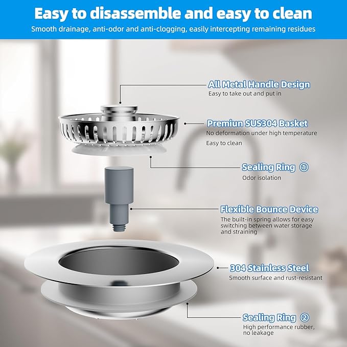 Kitchen Sink Drain Stopper with Removable Basket, Pop-Up Sink Plug for Standard Kitchen Drains, Stainless Steel Drain Cover with Anti-Debris Design