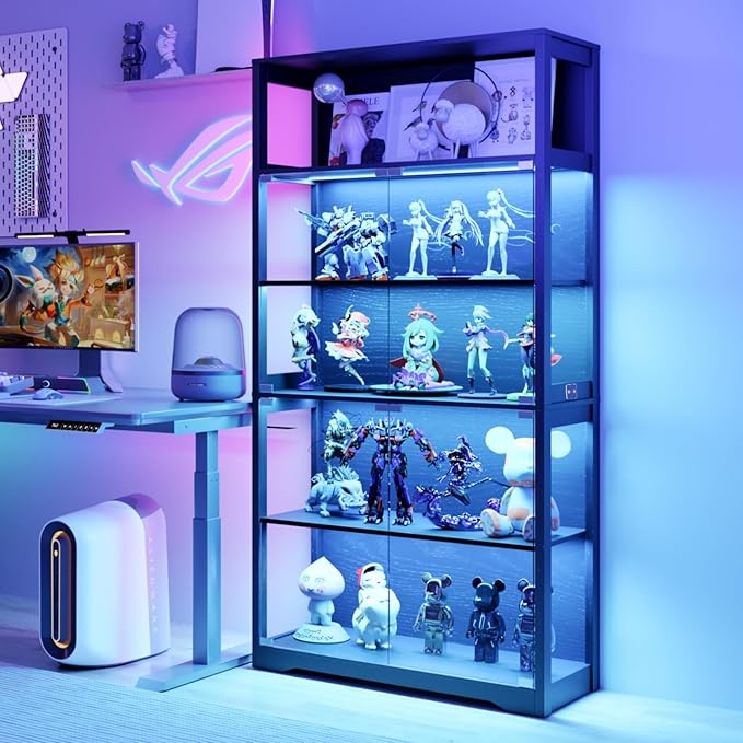 70.8" H Glass Display Cabinet - 5-Tier Curio Cabinet with RGB LED Lights for Collectibles - Large Glass Display Case with Human Body Sensor for Bedroom Living Room Office - Black