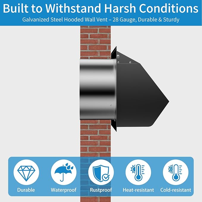 8 Inch Hooded Wall Vent with Screen and Damper,Wall Exhaust Vent Cover Cap,Dryer Vent Cover Outside,External Extractor Wall Vent Hood for House Kitchen Range Hood Air Ventilation Black