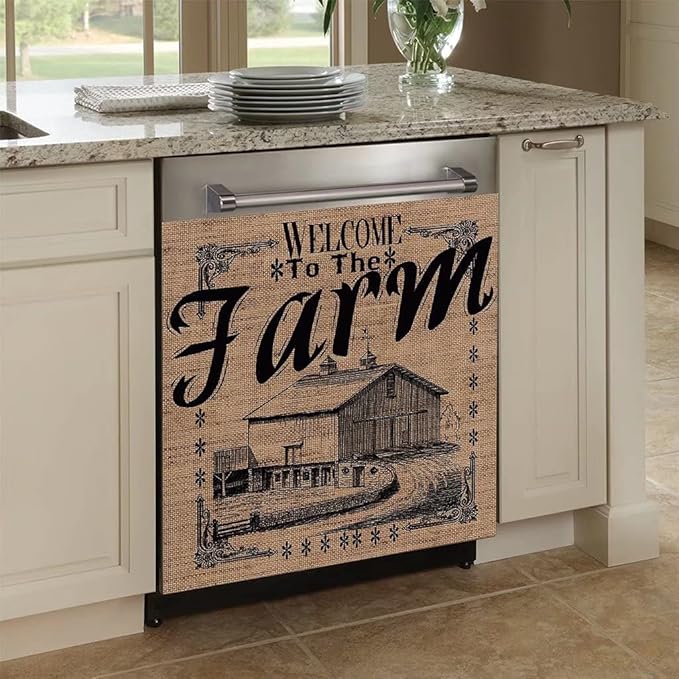 Vintage Farmhouse Burlap Pattern Dishwasher Cover - Decorative Magnet for Dishwasher Door - Kitchen