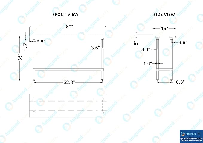 AmGood 60" Long x 18" Deep Stainless Steel Work Table with 1.5" Backsplash | Metal Kitchen Food Prep Table | NSF